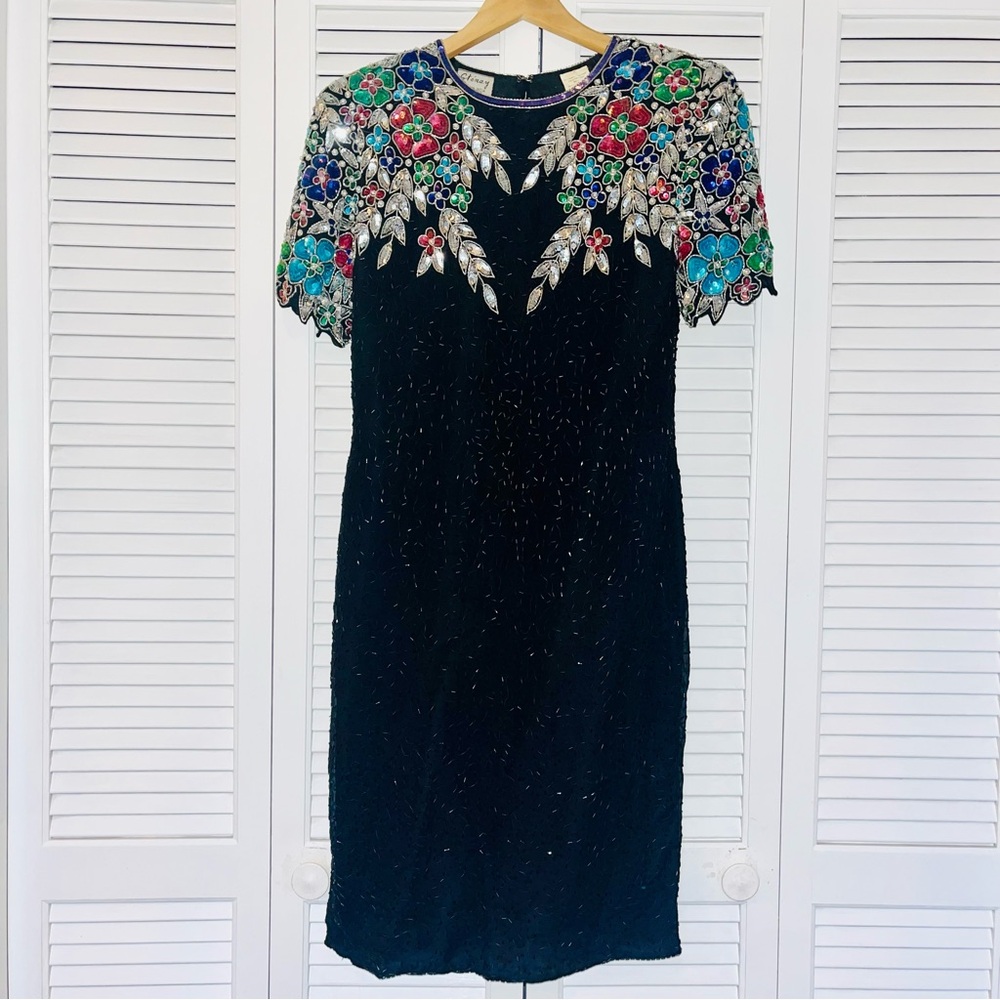 80s / 90s Vintage Black Dress with Floral Accents
